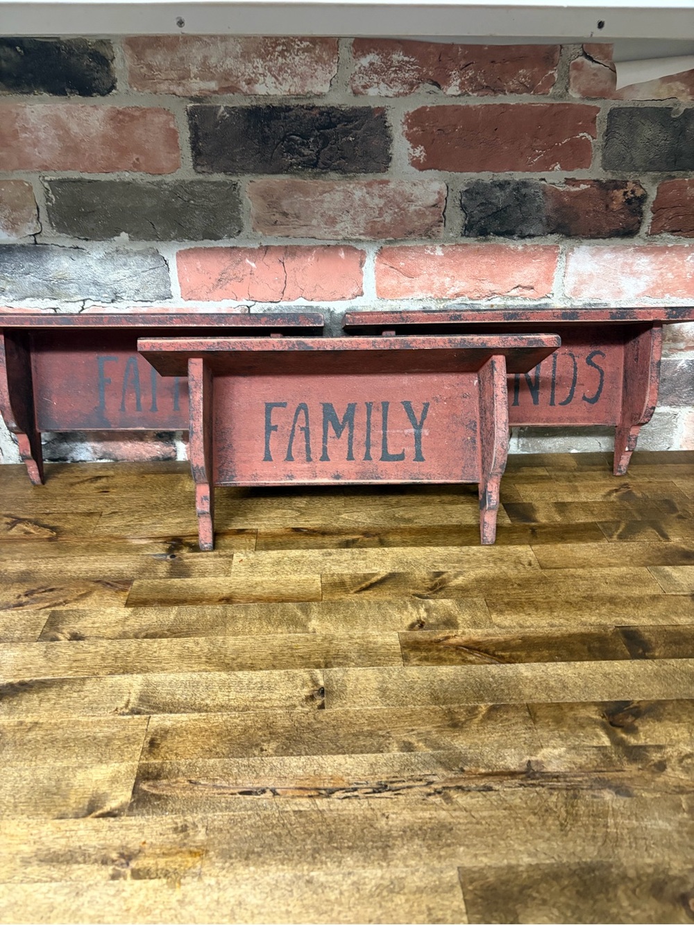 Rustic Red 'Family' Wooden Wall Shelf - Home Wall Decor 3 shelves